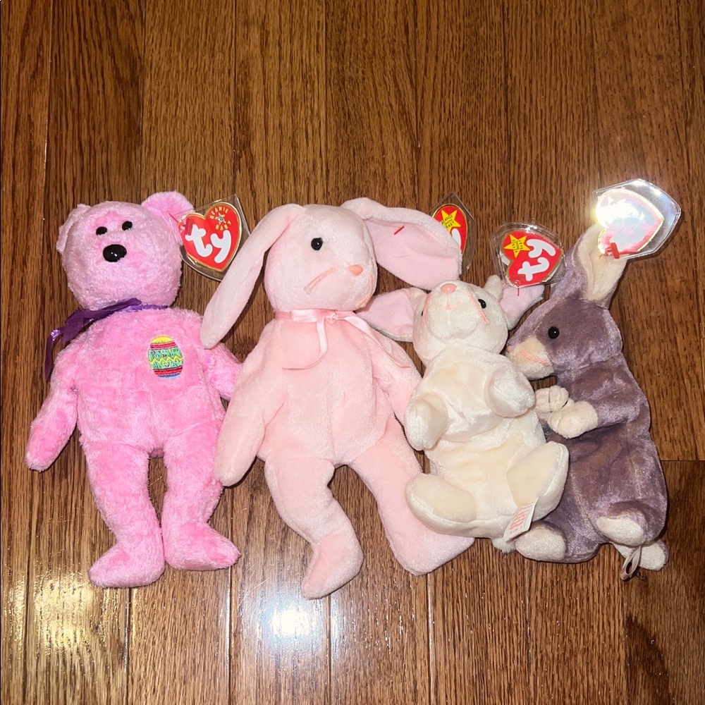 NWT Lot of 4 TY Beanie Baby Easter Themed Stuffed Animals Bear Bunnies Pink
